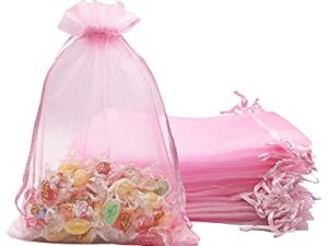 Jexila 100PCS Pink Organza Bags 5X7 Inch Valentine's Day Mesh Bag Drawstring Jewelry Bags for Wedding Party Baby Shower Favor Pouches Bags (Pink 5X7)