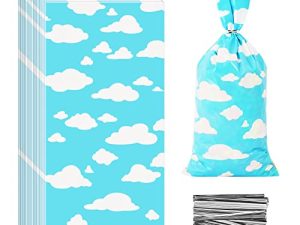 100 Pcs Blue Sky White Clouds Treat Bags White Clouds Print Cellophane Candy Bags Plastic Goodie Storage Bags Cartoon Story Party Favor Bags with Twist Ties for Birthday Party Baby Shower Supplies
