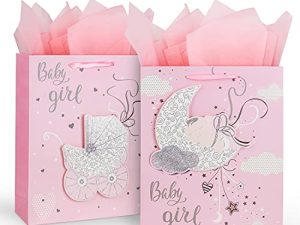 12.6" Large Baby Shower Birthday Gift Bags for Girl with Tissue Papers 2-Pack (Pink)