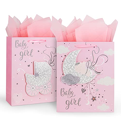 12.6" Large Baby Shower Birthday Gift Bags for Girl with Tissue Papers 2-Pack (Pink) 12.6" Large Baby Shower Birthday Gift Bags for Girl with Tissue Papers 2-Pack (Pink)