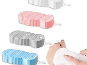 4Pcs 3D Ultra Soft Exfoliating Bath Sponge Magic Bath Body Shower Sponge Painless Spa Scrub Exfoliator Sponge Dead Skin Remover for Women Children Adults (White Pink Blue Gray)