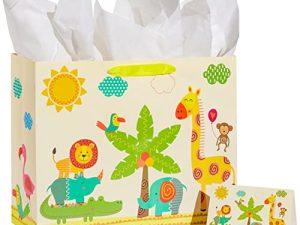 SUNCOLOR 16" Extra Large Gift Bag for Baby Shower with Tissue Paper (Animals)
