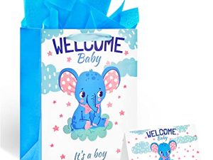 13" Large Baby Shower Birthday Gift Bags for Boy with Tissue Papers and Card(Elephant)