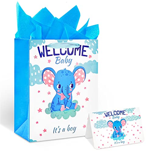 13" Large Baby Shower Birthday Gift Bags for Boy with Tissue Papers and Card(Elephant) 13" Large Baby Shower Birthday Gift Bags for Boy with Tissue Papers and Card(Elephant)