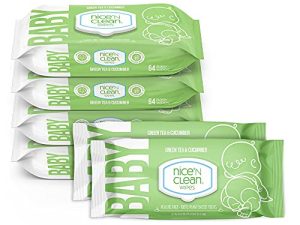 Nice 'N Clean Scented Baby Wipes | Made with Plant-Based Fibers | Green Tea Cucumber Scent | 64 Wipes (Pack of 6)