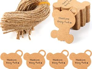 100 Pcs Thank You Tags Bear Tags Gift Tags Brown Kraft Paper Tags Hang Tags with Natural Twine for Crafts Baby Shower Gender Reveal Wedding Thanksgiving Christmas Birthday Party Favors