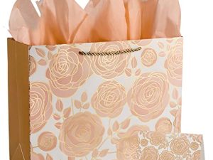 SUNCOLOR 13" Rose Gold Large Gift Bag with Card and Tissue Paper