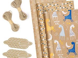 BIOBROWN Wrapping Paper Rolls with Tags and Jute String -Giraffe Designs for Birthday