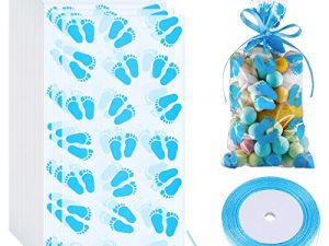 100 Pieces Baby Print Cellophane Treat Bags Baby Footprint Candy Bags Baby Shower Party Favor Bags with Ribbons for Baby Shower Birthday Party Supplies (Blue)