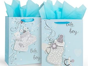 12.6" Large Baby Shower Birthday Gift Bags for Boy with Tissue Papers 2-Pack (Blue)