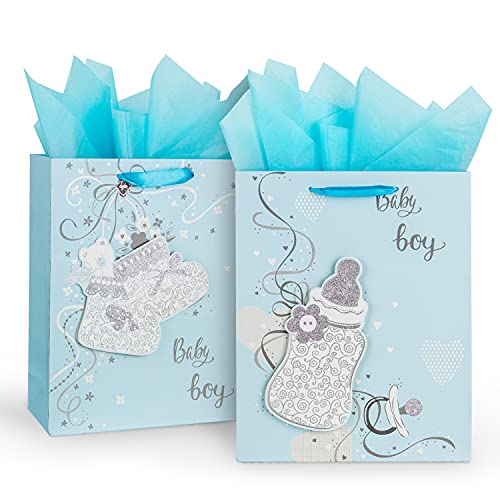12.6" Large Baby Shower Birthday Gift Bags for Boy with Tissue Papers 2-Pack (Blue) 12.6" Large Baby Shower Birthday Gift Bags for Boy with Tissue Papers 2-Pack (Blue)