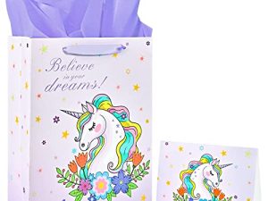 13" Large Unicorn Gift Bag for Girls Kids Birthday Baby Shower with Tissue Paper and Greeting Card
