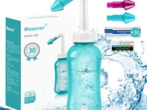 MAOEVER Neti Pot Sinus Rinse Bottle Nose Wash Cleaner Pressure Rinse Nasal Irrigation for Adult & Kid BPA Free 300 ML with 30 Nasal Wash Salt Packets and Sticker Thermometer (Green)