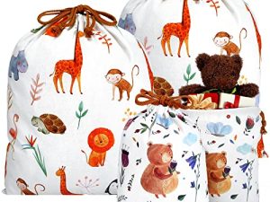4 Pieces Large Baby Shower Drawstring Gift Bags Reusable Fabric Wrap Woodland Party Favor Bags for Baby Shower Gender Reveal Kids Birthday Supplies