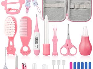 23Pcs Baby Healthcare and Grooming Kit modacraft Baby Safety Set with Baby Hair Brush Nail Clippers Lighting Ear Cleaner Baby Stuff Newborn Essentials for Nursery Newborn Baby Girls Boys Kids Pink