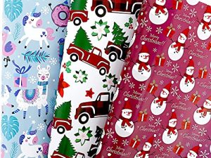 U'COVER Christmas Gift Wrapping Paper Large Sheet for Kids Boys Girls Baby Women Men Cute Xmas Wrapping Paper 3Style Christmas Sloth Llama Santa Snowman Tree Truck Car Gift Wrap Paper (27*39.4inch 22sq.ft.)