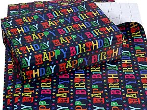 CAMKUZON Birthday Wrapping Paper with Cut Lines for Boys Girls Kids Men Women Baby Shower Party - 3 Large Sheets Rainbow Colored Happy Birthday Gift Wrap - 27 Inch X 39.4 Inch Per Sheet